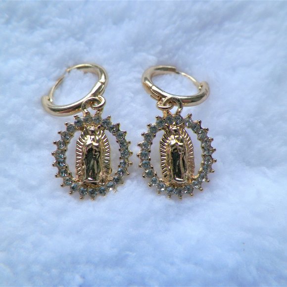 SOLD OUT! Forever 21 NWT Our Lady of Guadalupe Gold Drop Hoop Pierced Earrings - Picture 2 of 7